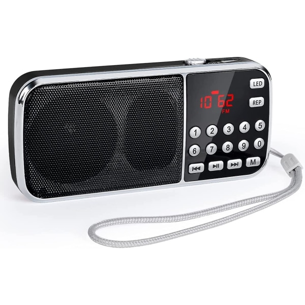Liten radio med Bluetooth, bærbar radio med kraftige basshøyttalere, digital radio med oppladbart batteri, LED-lommelykt