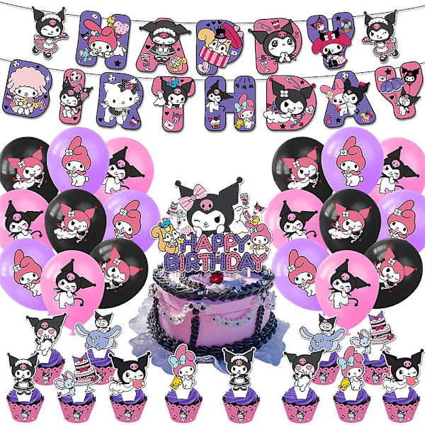 My Melody Kuromi -sarjakuva-aiheinen ilmapallopaketti, tyttöjen syntymäpäiväjuhlien tarvikkeet, ilmapallot, banneri, kakunkoristeet, koristeet (FMY)