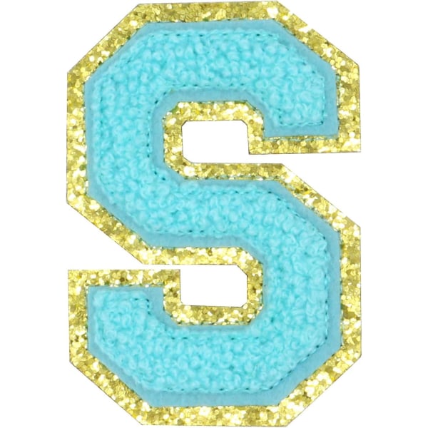 Engelska bokstaven S Stryk på reparationslappar Alfabetsömnad Applikationer Klädmärken, med guldglitterkant, självhäftande ryggklistermärkeblå Ssblå (FMY)
