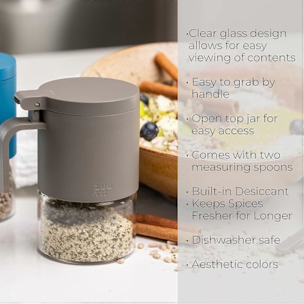 Glas Krydderiglas Fugtbestandig Krydderiboks med Ske 2-pak 300 ml Mini Krydderiopbevaringsglas til Køkken Salt, Sukker, Peber, Chili Grå (FMY)