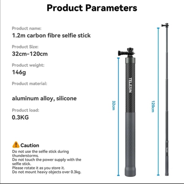 1,2 m Carbonfiber Selfie Stick Monopod Teleskopisk med 1/4 Skrue til Actionkamera (FMY)