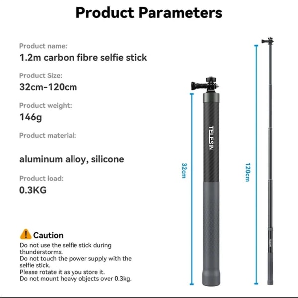 1,2 m kulfiber Selfie Stick Monopod, der kan trækkes tilbage med 1/4 skrue til actionkamera (FMY)