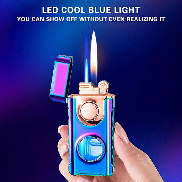 Dual Flame Lighter med LED Blåt Lys Synlig Tank, Kreativ Vindtæt Gas Torch Lighter, Dual Fire Butan Lighter med Gaveæske, Gaver F (FMY) E