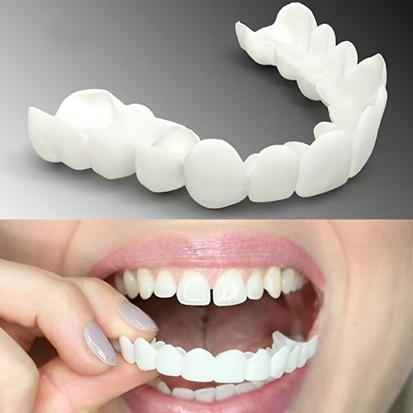 4-delt ComfortFlex hvite simulerte proteser med finer - Øvre og nedre tenner proteseomsorg for menn og kvinner - Fleksibel, komfortabel, en (FMY) White 2pc upper teeth + 2pc lower teeth