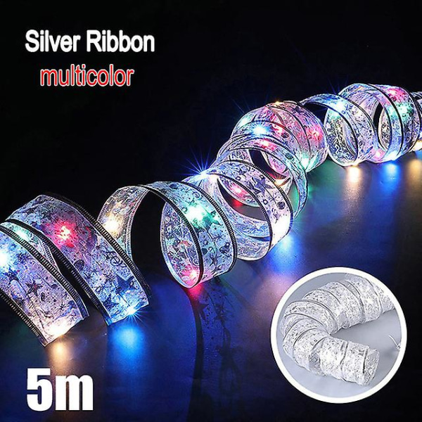 Ribbon Fairy Light Juldekoration Julgransprydnader för hemmet 2023 Bows String Lights Navidad Natal nyår 2024 (FMY) Silver-multicolor-5M