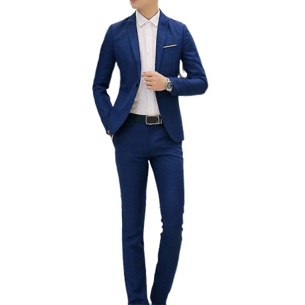 Mænd Business Formel 2-delt Tuxedo Suit Blazer Jakke + Bukser Sæt (FMY) Lake Blue XL