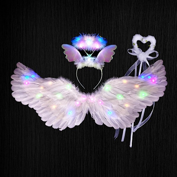 Englevinger med Lys, Lysende Englevinger og Glorie med LED-lys, Hvid Englevingedragt til Børn (FMY) Multicolor 80*40cm