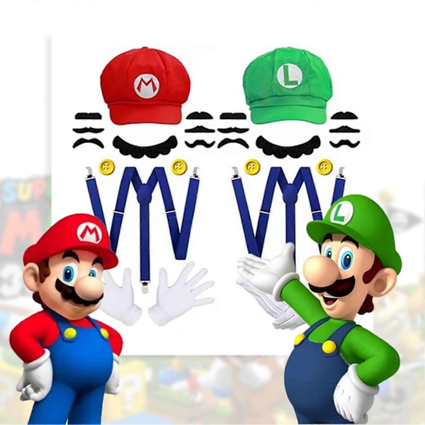 Super Mario Bros Cosplay-tarvikkeet: Kupolihatut, Hansikkaat, Viiks ja Hihnat Halloween-juhliin Cosplay-tarvikkeet (FMY) Red Hat