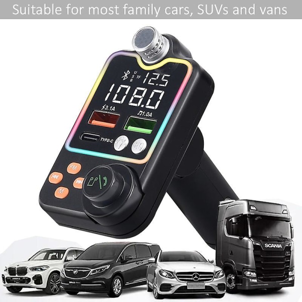 Wireless Bluetooth 5.0 Fm Transmitter With Colorful Ambient Light Handsfree Call Stereo Car Mp3 Player Pd Charger Dual Usb Car Charger Adapter  (FMY)