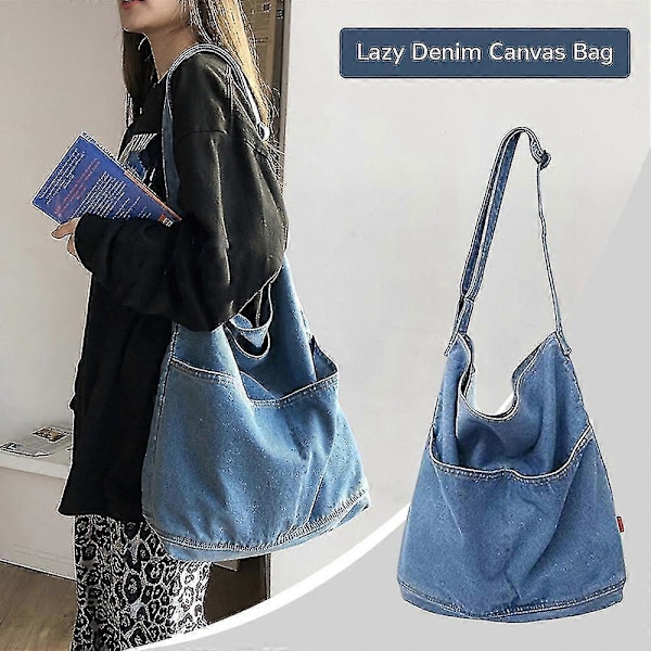 Denim Canvas Väska Justerbar Enkelsidig Axelrem Med Sidoficka För Kvinnor (FMY) Dark Blue