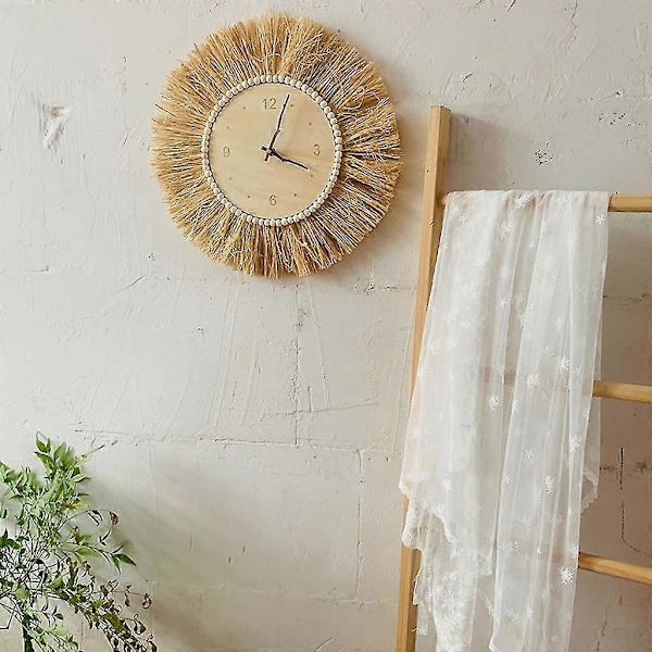 Håndlaget veggkunst DIY stor veggklokke pinner strå nordisk stil veggklokke (FMY)