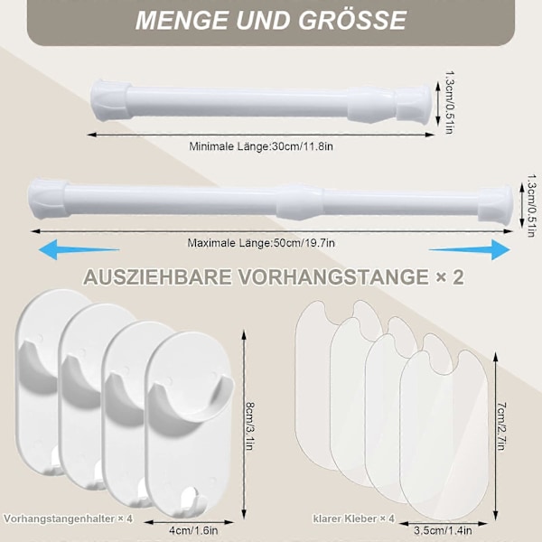 2-pack 30-50 cm teleskopstänger, klämstänger för gardiner, klämstång för gardiner, vit utdragbar gardinstång utan borrning för kit (FMY)