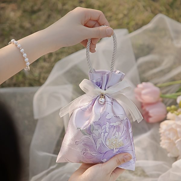 10-pak Blomstrede Snorposer til Slik - Smuk Chambray Polyesterstof med Perle- og Båndpynt - Perfekt til Bryllupper, Baby (FMY) Purple