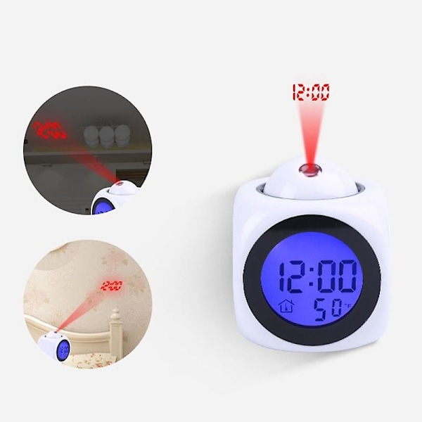 Multifunktionel Stemme-Talende LED-Display Tidsprojektion Termometer Vækkeur (FMY) White