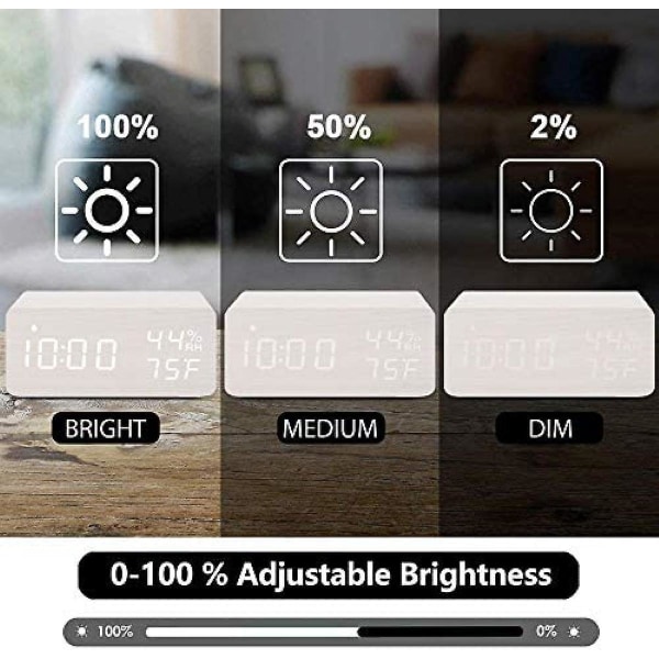 Træ Digitalt Vækkeur Med Trådløs Opladning, 3 Alarms LED-Display, Lydstyring Og Dobbelt Snooze Til Soveværelse, Sengebord (FMY)