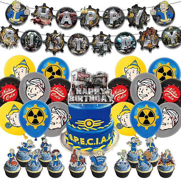 Fallout-pelin Vault Boy - Lasten syntymäpäiväjuhlatarvikkeet Ilmapallot Banner Kakunpäällinen Setti Koristelu (FMY)