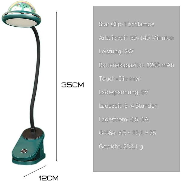 Klemmelampe for barn, USB-oppladbart LED-klemme-leselys med stjerneprojeksjon, svanehals nattbordslampe (grønn) (FMY)