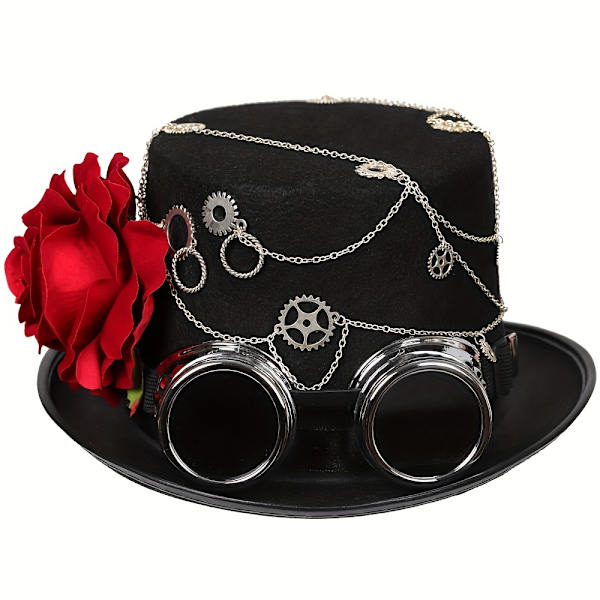 Steampunk-hattu - Gootti-inspiroitu, Mattamusta, Irrotettava Punainen Ruusu, Jazz Fedora -tyylinen Goggle-ketjuvaihteella - Täydellinen Naisten Halloweenille (FMY) Head Circumference22.8-23.2"