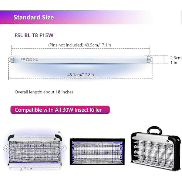 2 kpl Fsl Bl T8 F15w Hyttysentappajan Vaihtolamput - 17 tuuman UV-putket 15/30 W Hyttysen- ja Hyönteistentappajaan / Bug Zapper (FMY) T8