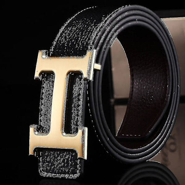 Ny Stil Business Fritid Ægte Pu Læder H Glat Spænde Litchi Korn Bælte Til Mænd V  (FMY) Black silver buckle
