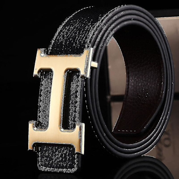 Ny Stil Business Fritid Äkta PU Läder H Slät Spänne Litchi Korn Bälte För Män V  (FMY) Black silver buckle