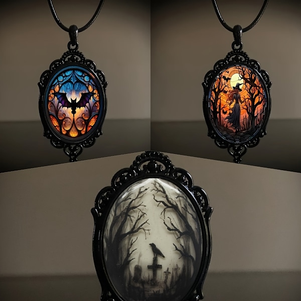 3 osaa/setti Goottilainen Lepakko Noita Varis Risti Lasipendantti Kaulakoru - Ainutlaatuinen Luova Suunnittelu, Halloween Juhla Koru Tarvikkeet, Täydellinen Lahja (FMY) 3pcs