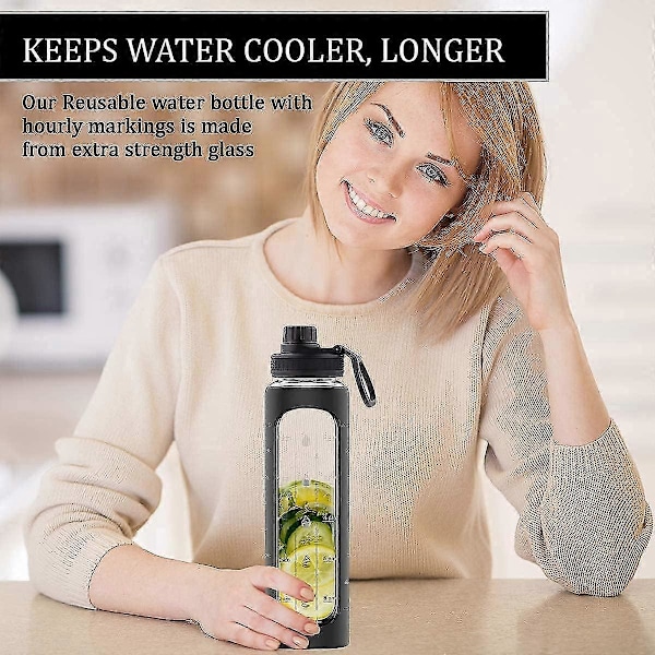 950 ml Lasinen Vesipullo Ajan Merkinnöillä Muistuttamaan, 1 Litran Lasinen Juomapullo, BPA-vapaa, (musta) (FMY)