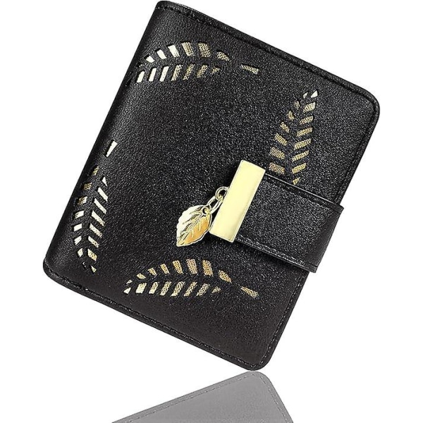 Kort plånbok för kvinnor Läder Medium Wallet Leaf Bifold Kort Mynthållare Små plånböcker Spänne Dragkedja Clutch - Svart (FMY)