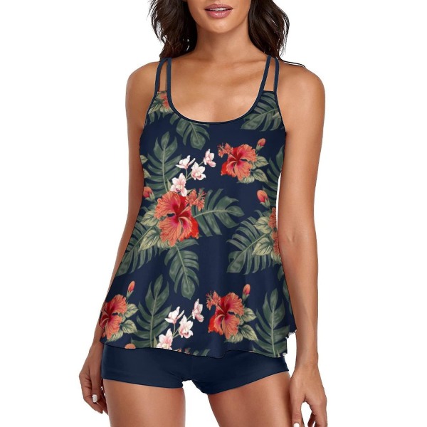 Flowy Tankini baddräkt damer mage en del baddräkt tvådelad baddräkt tank top med shorts safflor Xl (FMY)