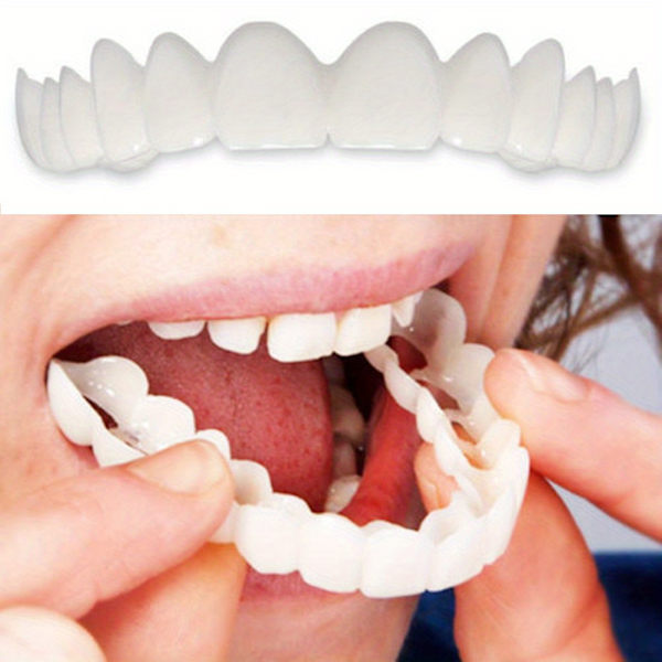 4-delt ComfortFlex hvite simulerte proteser med finer - Øvre og nedre tenner proteseomsorg for menn og kvinner - Fleksibel, komfortabel, en (FMY) White 2pc upper teeth + 2pc lower teeth