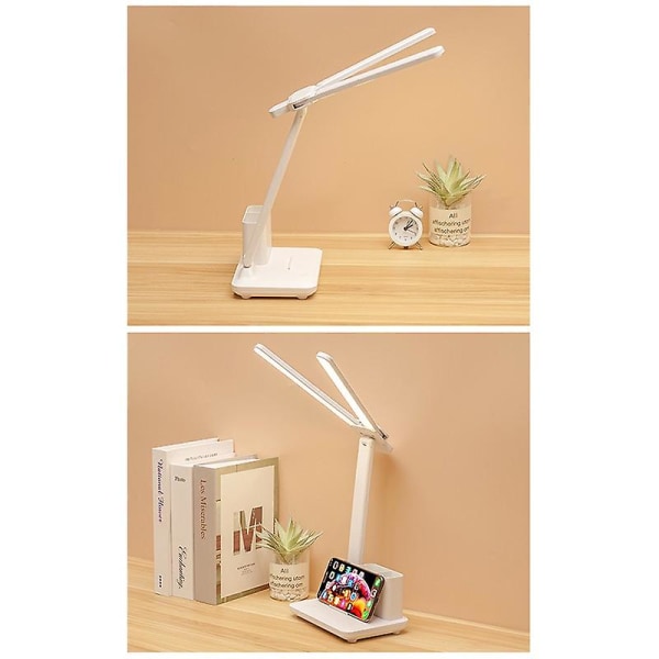 Led dobbelthoved sammenfoldelig skrivebordslampe med holder, genopladelig usb-bordlampe, justerbar lysstyrke Øjenbeskyttelseslys til hjemmet/kontoret (FMY)