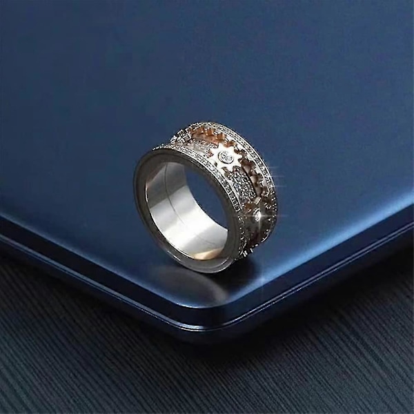Handgjord Diamant Utsmyckad Geometrisk 3D Bandring - Ren, Handgjord Kugghjuls Snurrande Stjärnring, Kugghjuls Snurrringar Roterande Mekanisk Dekompression (FMY) 8