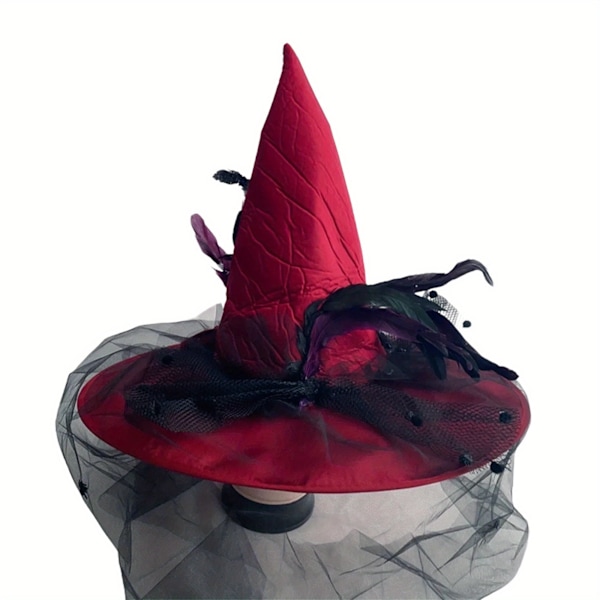 1 kpl 15.35*19.29 tuumaa Halloween-juhlalakki Klassinen punainen kukka Noitakorkki höyhenillä ja verkolla Loma Cosplay-asu Props Accessory (FMY) Red 15.35*19.29inches