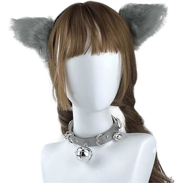 Fuskpäls Kattöron Hårklämma Fluffig Varg Räv Lång Svans Kostym Halloween Party Halsband Cosplay Set (Grå-Svart) (FMY)