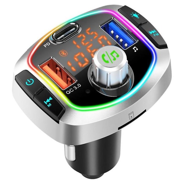 Bil Mp3 Bluetooth 5.0-mottaker Fm-sender 7-farge-atmosfærelys Dobbel skjerm Dobbel skjerm Pd+qc3.0 (FMY)