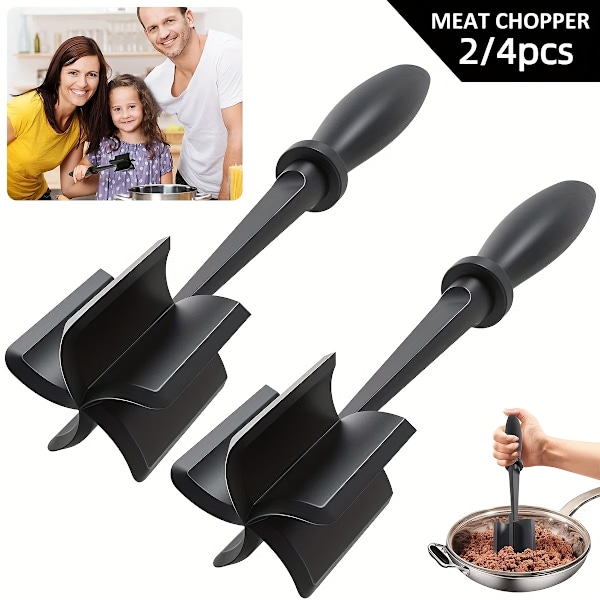 2/4 stk Kjøttmester Hakker - Varmebestandig Kjøkkenutstyr for Hjemmekjøkken med Sklisikkert Håndtak, Multifunksjonell Hamburger Beef Masher, N  (FMY) Black 2pcs