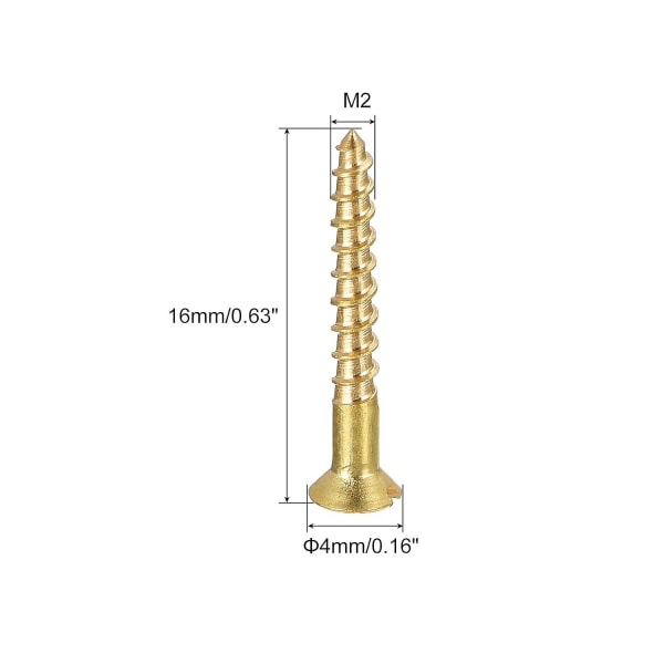 100 st M2 x 16 mm Platta Skruvar med Spår i Mässing för Trä (FMY)