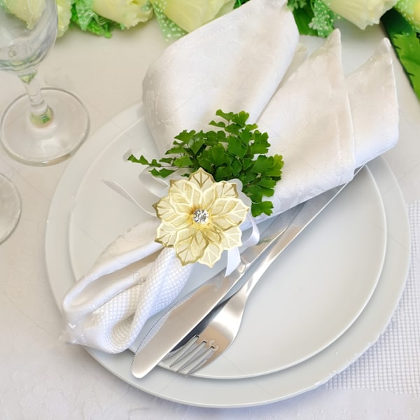 12-delad elegant satinservett- och ringset - Mjukt tyg, dekorativa blommringar för bröllop, helgdagar och speciella tillfällen (FMY) Ivory White