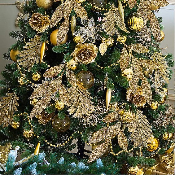 5 stk god juledekorasjon kunstig glitterblader hengende juletrekrans krans Godt nyttår julepynt (FMY) A