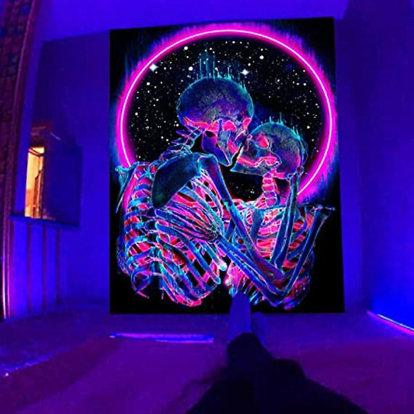 1 stk. Sort lys gobelin, Uv-reaktivt psykedelisk kraniemønster, Kiss Lovers Tapestry, Skeletvægdekor til soveværelse - 150cm X 200cm (FMY)