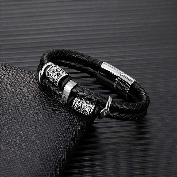 Äkta läderarmband för vikingastilsmän med flertrådiga band och nordiska smycken i rostfritt stål, present för par (FMY) V1339 19cm
