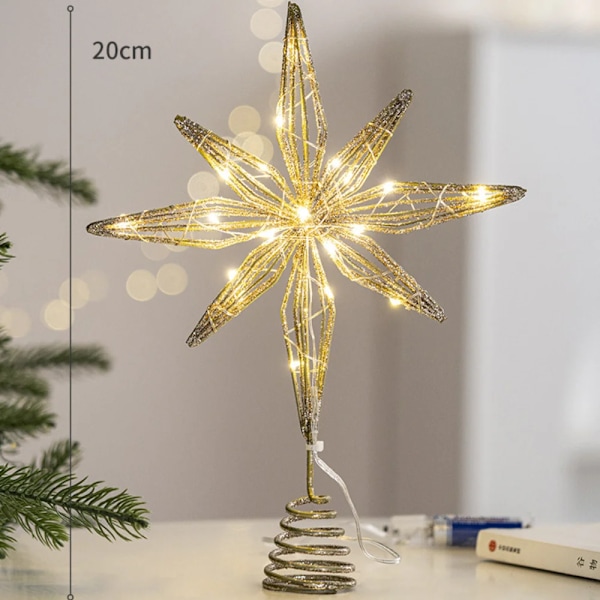 Juletræstop Glitter Guld Stjerne Trætop Med Varme Hvide LED Lys Til Julepynt Fest Indendørs Dekoration (FMY) 20cm Gold  LED