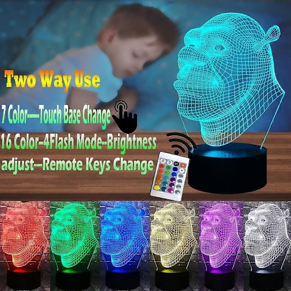 SBSG Shrek 3D LED Nattlys Tegneserie Den Grønne Monster Filmfigur USB Berøring Fjernkontroll 16 Farger 4 Moduser Optisk Illusjon Sengelampe (FMY)