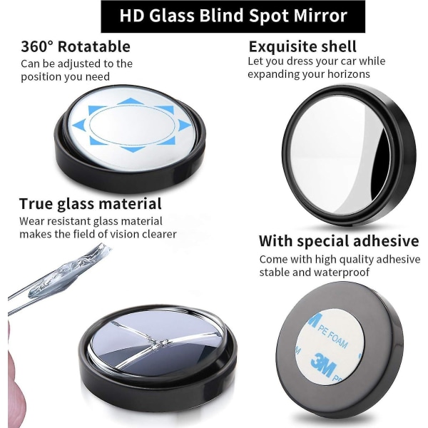 Uni-fine 2st 360 roterbar blindvinkelspegel för bil, HD kristallglas vidvinkel vingspegel Vattentät Hållbar trafiksäkerhet (svart) (FMY)