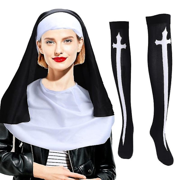 4-pack Nunna-set för kvinnor med huvudbonad, krage, kors och strumpor [HsSs] (FMY) Black 4 pc