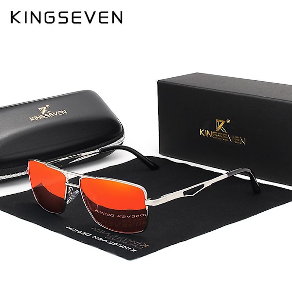KINGSEVEN 2022 Klassiska Kvadratiska Polariserande Solglasögon för Män, Körglasögon, UV-Blockerande Oculos N7906 (FMY) Silver Red Original