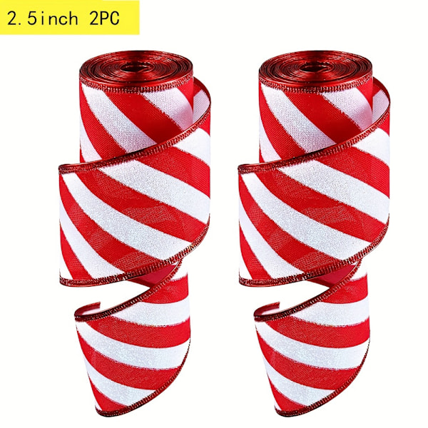 2 Rullar 10 Yards Klassisk Stil Julhantverk Satinband Set, 2,5 Tum Glittrande Randiga Trådkantade Polyesterband för Semestergåva (FMY) 2pcs