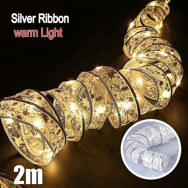 Ribbon Fairy Light juledekorasjon Juletrepynt til hjemmet 2023 Buer String Lights Navidad Natal nyttår 2024 (FMY) Silver-Warm-2M