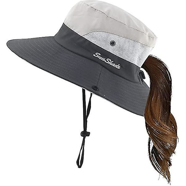 Dam sommar solhatt bred brätte utomhus UV-skydd hatt hopfällbar hästsvans hink keps för strand fiske vandring  (FMY) Beige
