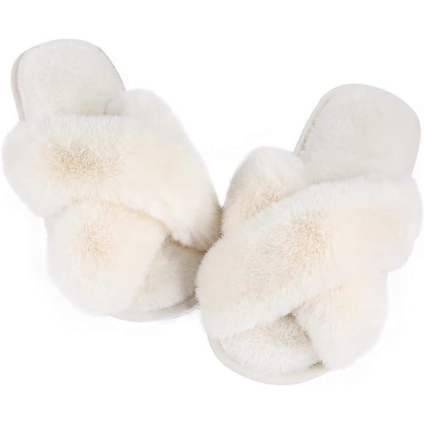 Naisten Tossut Pehmeät Tossut Memory Foam, Ristikkäiset Karvaiset Avokärkiset Tossut Mukavat Pehmoiset Kotikengät Sisä- ja Ulkokäyttöön Liukumattomat Tossut (FMY) White M
